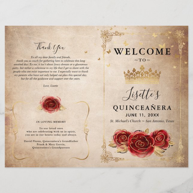 Vintage Red Rose and Gold Quinceanera Program (Front)