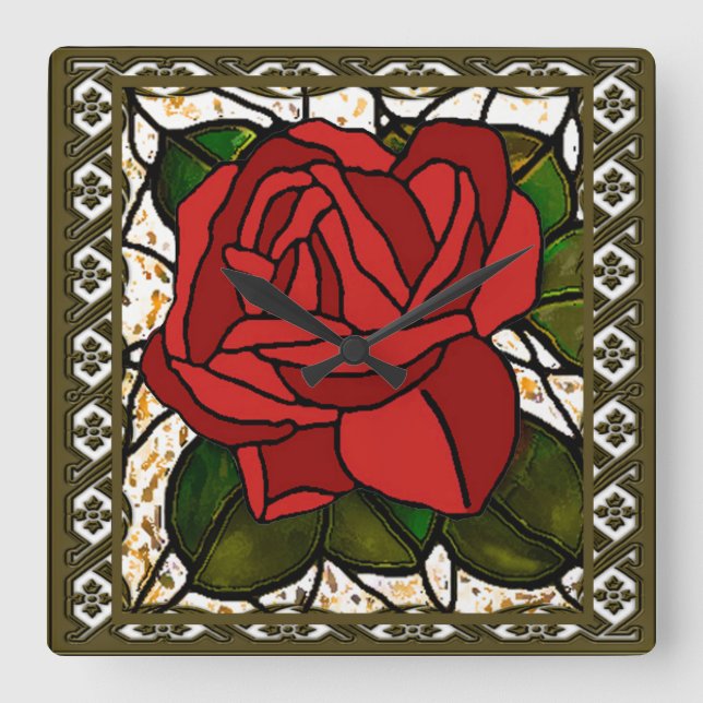 Vintage Red Rose Art Deco Square Wall Clock (Front)