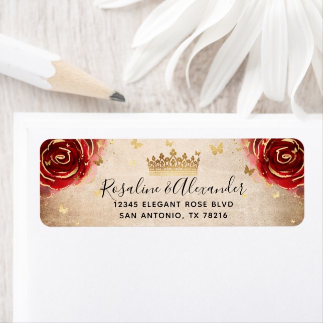 Vintage Red Rose Black Gold Crown Return Address (Insitu)