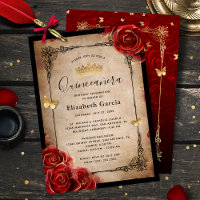 Vintage Red Rose Black Gold Elegant Quinceanera