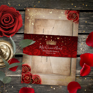 Vintage Red Rose Black Gold Elegant Quinceanera Invitation Belly Band