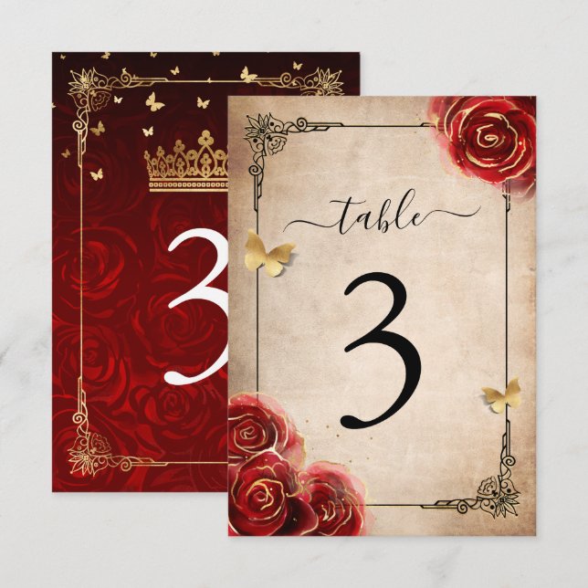 Vintage Red Rose Black Gold Table Number Cards  (Front/Back)