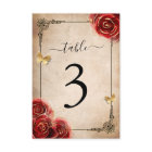 Vintage Red Rose Black Gold Table Number Cards