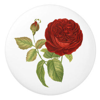 Vintage Red Rose Botanical Ceramic Knob