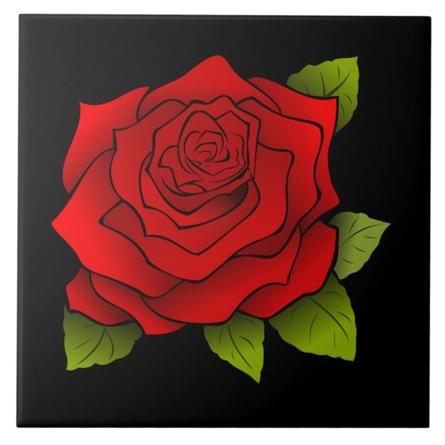 Vintage Red Rose Drawing Black Large Square Tile (Front)