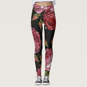Vintage Red Rose Embroidery Pattern Leggings
