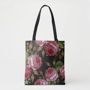 Vintage Red Rose Embroidery Pattern Tote Bag