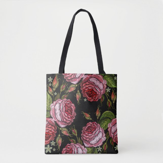 Vintage Red Rose Embroidery Pattern Tote Bag (Front)