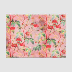 Vintage Red Rose Floral Garden on Pink Tissue Paper