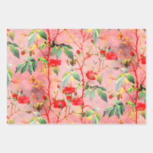 Vintage Red Rose Floral Garden on Pink Wrapping Paper Sheet