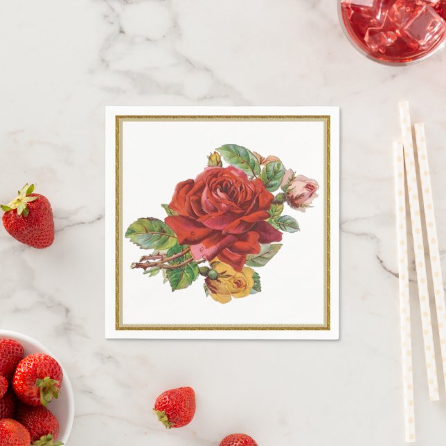 Vintage Red Rose Floral paper napkins (Insitu)