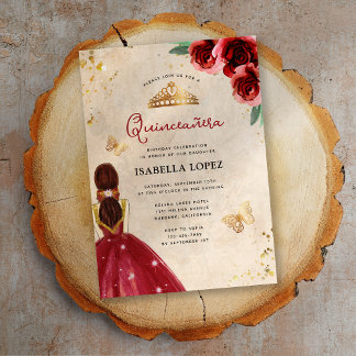 Vintage Red Rose Gold Elegant Quinceañera Invitation