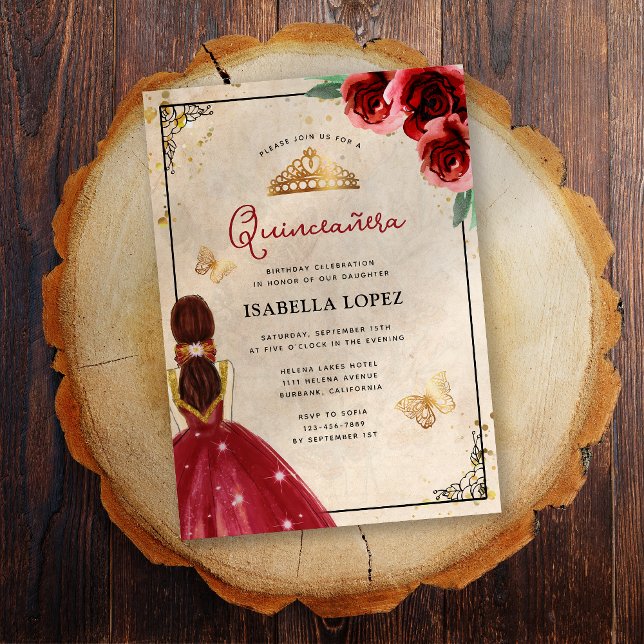 Vintage Red Rose Gold Elegant Quinceañera Invitation (Creator Uploaded)