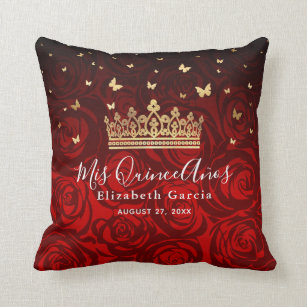 Vintage Red Rose Gold Quinceanera Mis Quince Anos Cushion