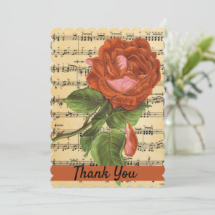 Vintage Red Rose & Music Flat Thank You Card