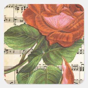 Vintage Red Rose & Music Square Sticker