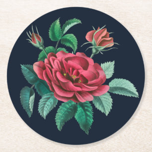 Vintage Red Rose Round Paper Coaster