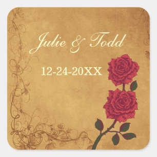 Vintage Red Rose Save The Date Wedding Square Sticker