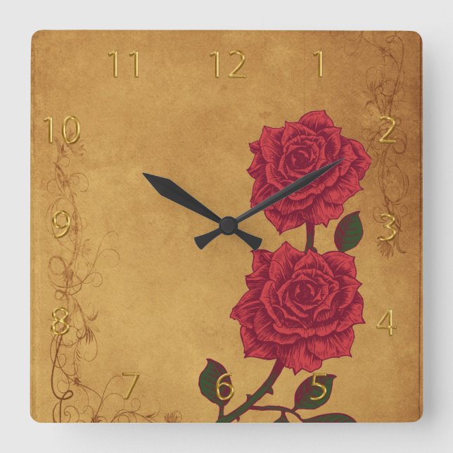 Vintage Red Rose Wedding Square Wall Clock (Front)