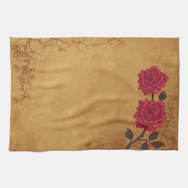 Vintage Red Rose Wedding Tea Towel (Horizontal)