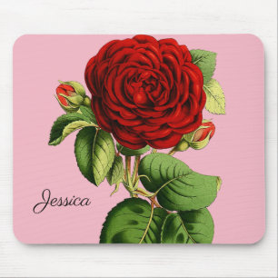 Vintage Red Rose with Your Name Mouse Mat