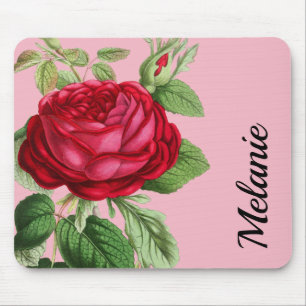 Vintage Red Rose with Your Name Mouse Mat