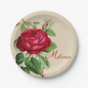 Vintage Red Rose with Your Name Paper Plate