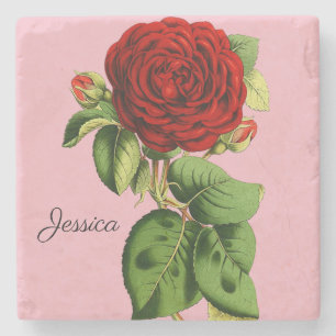 Vintage Red Rose with Your Name Stone Coaster