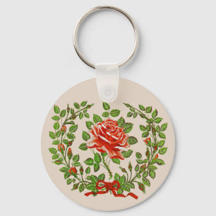 Vintage Red Rose Wreath Floral Greeting Art Key Ring