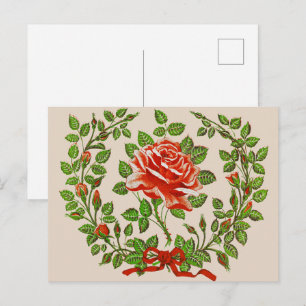 Vintage Red Rose Wreath Floral Greeting Art Postcard