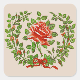 Vintage Red Rose Wreath Floral Greeting Art Square Sticker