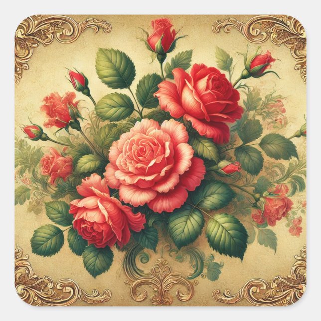 Vintage Red RoseFloral  Elegant Gold  Square Sticker (Front)