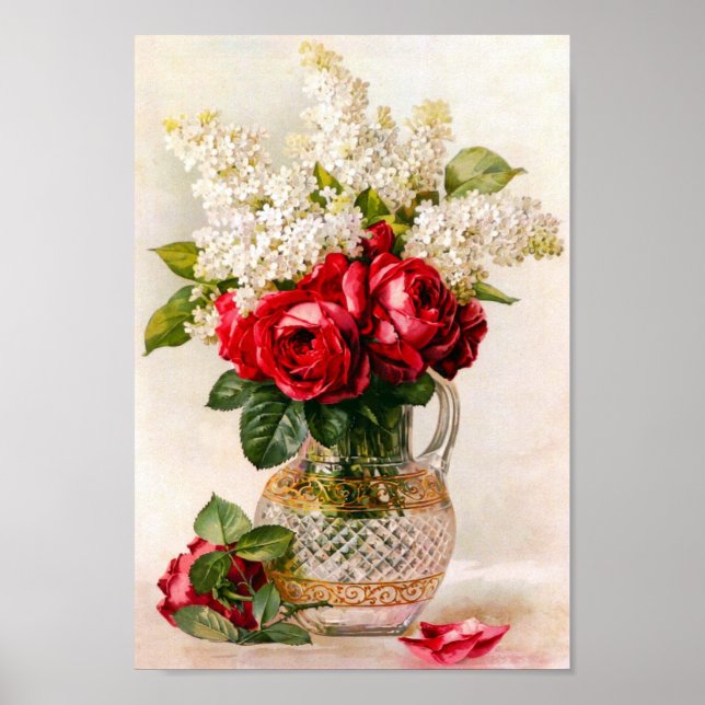 Vintage Red Roses and Baby’s Breath Poster (Front)