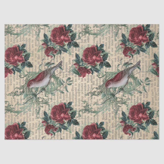 Vintage Red Roses and Birds Decoupage Tissue Paper (Front)