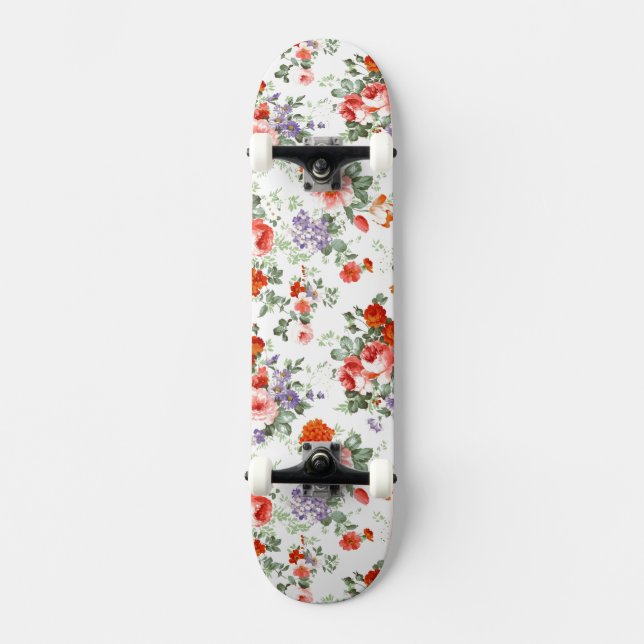 Vintage Red Roses and Flowers Skateboard (Front)