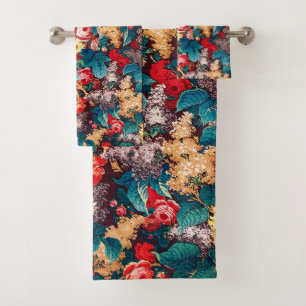 Vintage red roses and lilac floral pattern bath towel set
