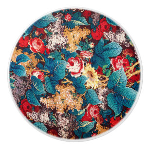Vintage red roses and lilac floral pattern ceramic knob