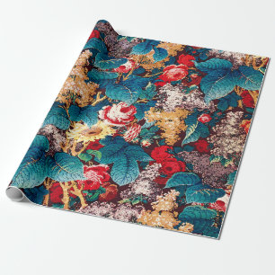 Vintage red roses and lilac floral pattern wrapping paper