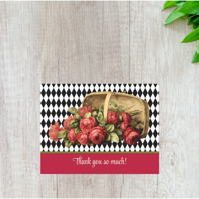 Vintage Red Roses Basket Thank You Postcard (Creator Uploaded)