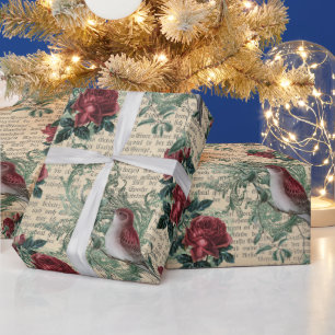 Vintage Red Roses Birds Newsprint Christmas Wrapping Paper
