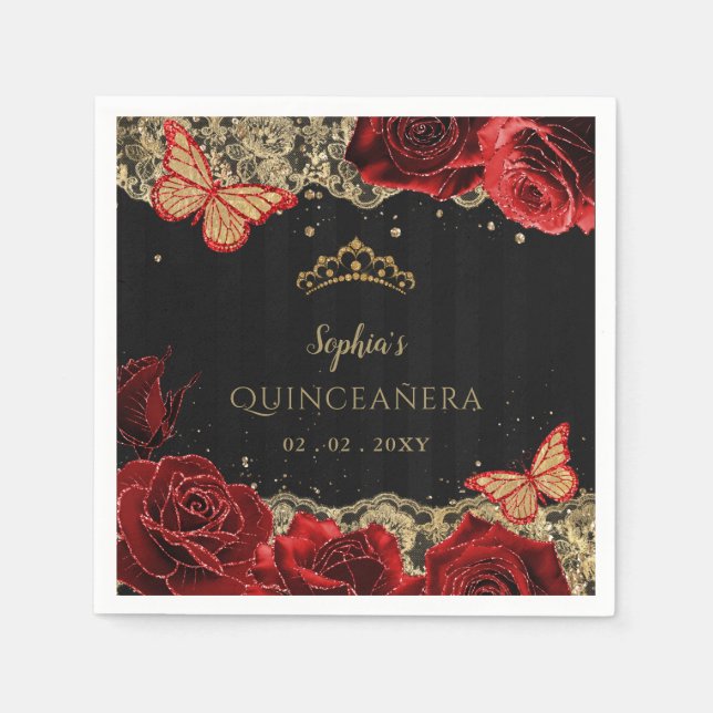 Vintage Red  Roses Black Gold Lace Quinceañera Napkin (Front)