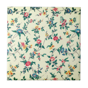 Vintage red roses blue floral pattern tile