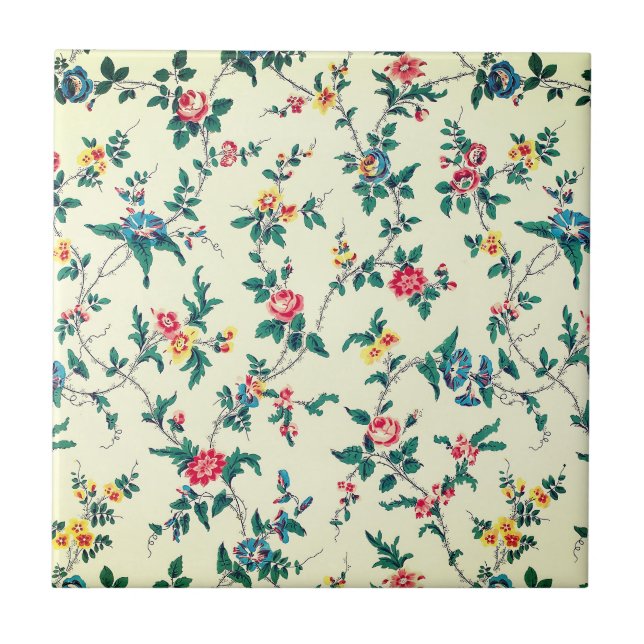 Vintage red roses blue floral pattern tile (Front)