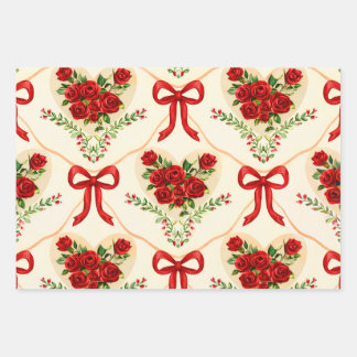 Vintage Red Roses & Bows Valentine Wrapping Paper