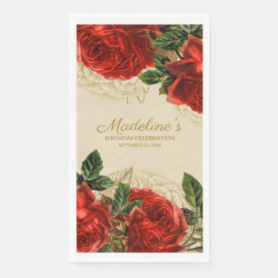 Vintage Red Roses Champagne Tan Formal Birthday Napkin