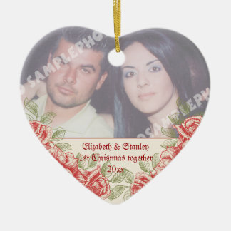 Vintage Red roses Couple's first Christmas photo Ceramic Tree Decoration