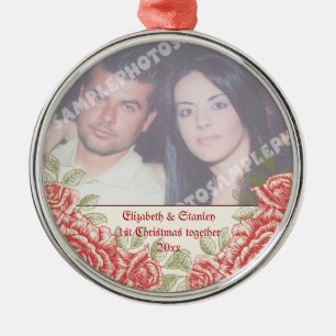 Vintage Red roses Couple's first Christmas photo Metal Tree Decoration