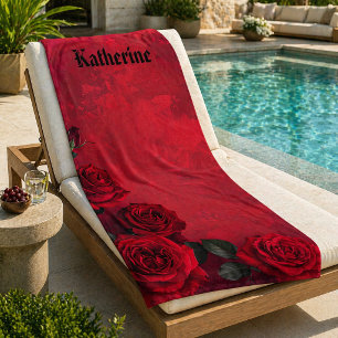 Vintage Red Roses Custom Name Beach Towel