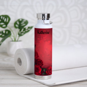 Vintage Red Roses Custom Name Water Bottle