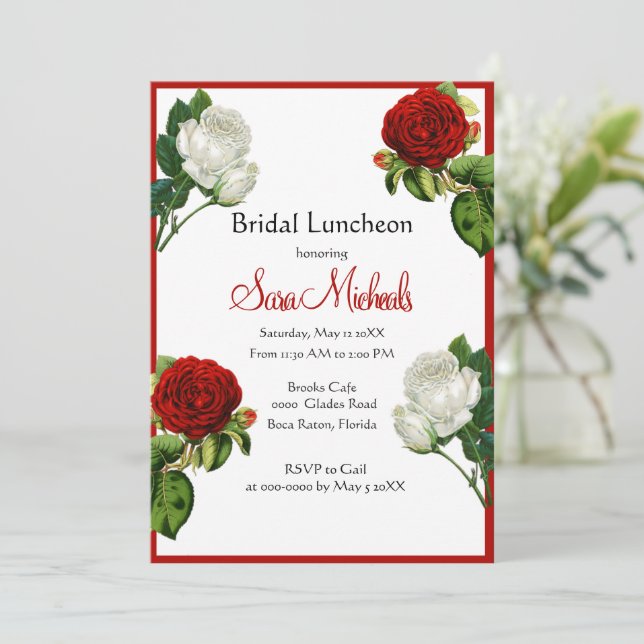 Vintage Red Roses Floral Bridal Luncheon  Invitation (Standing Front)